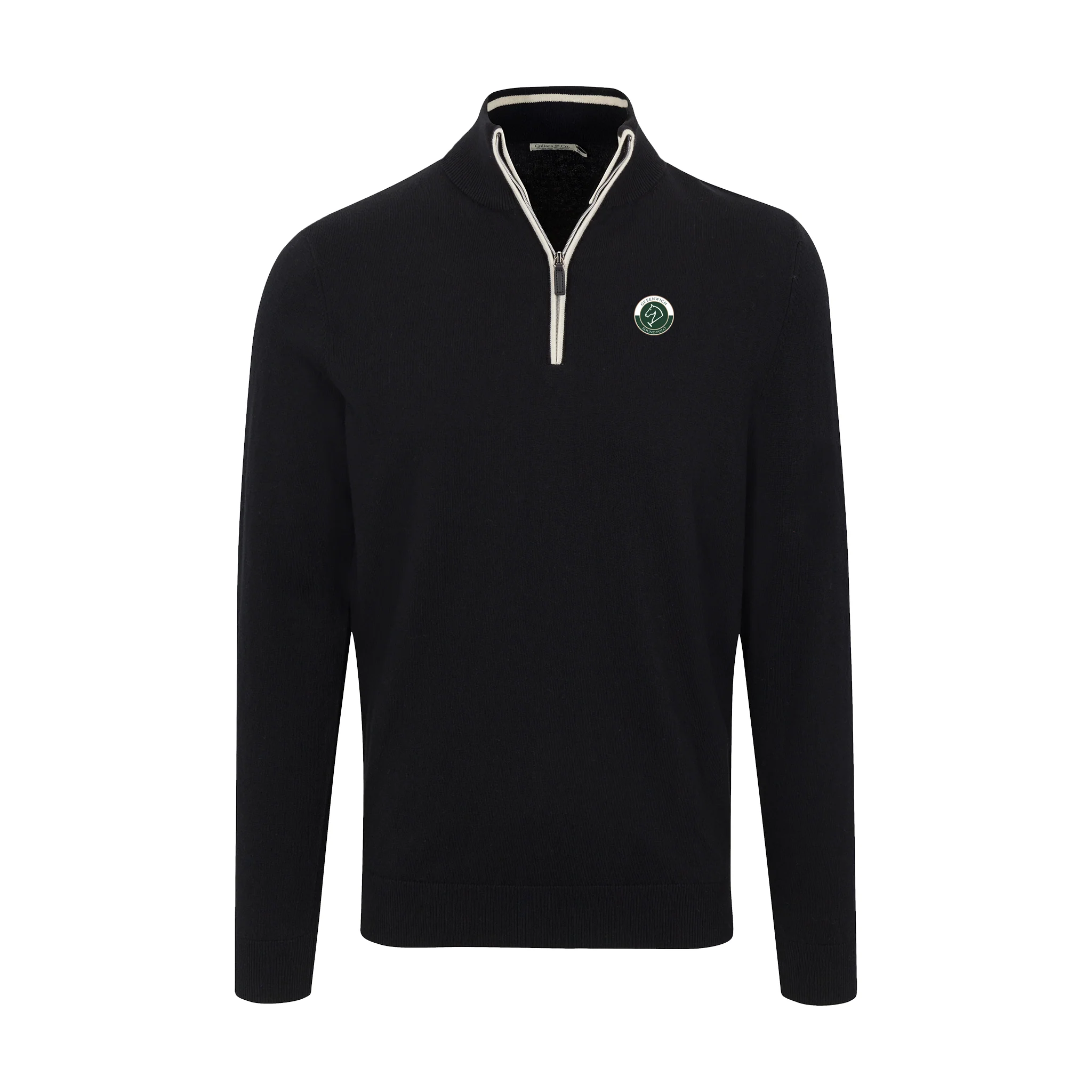 Greenwich Sound Polo Black with White Trim Luxury Touch Cotton and Cashmere Quarter Zip Sweater