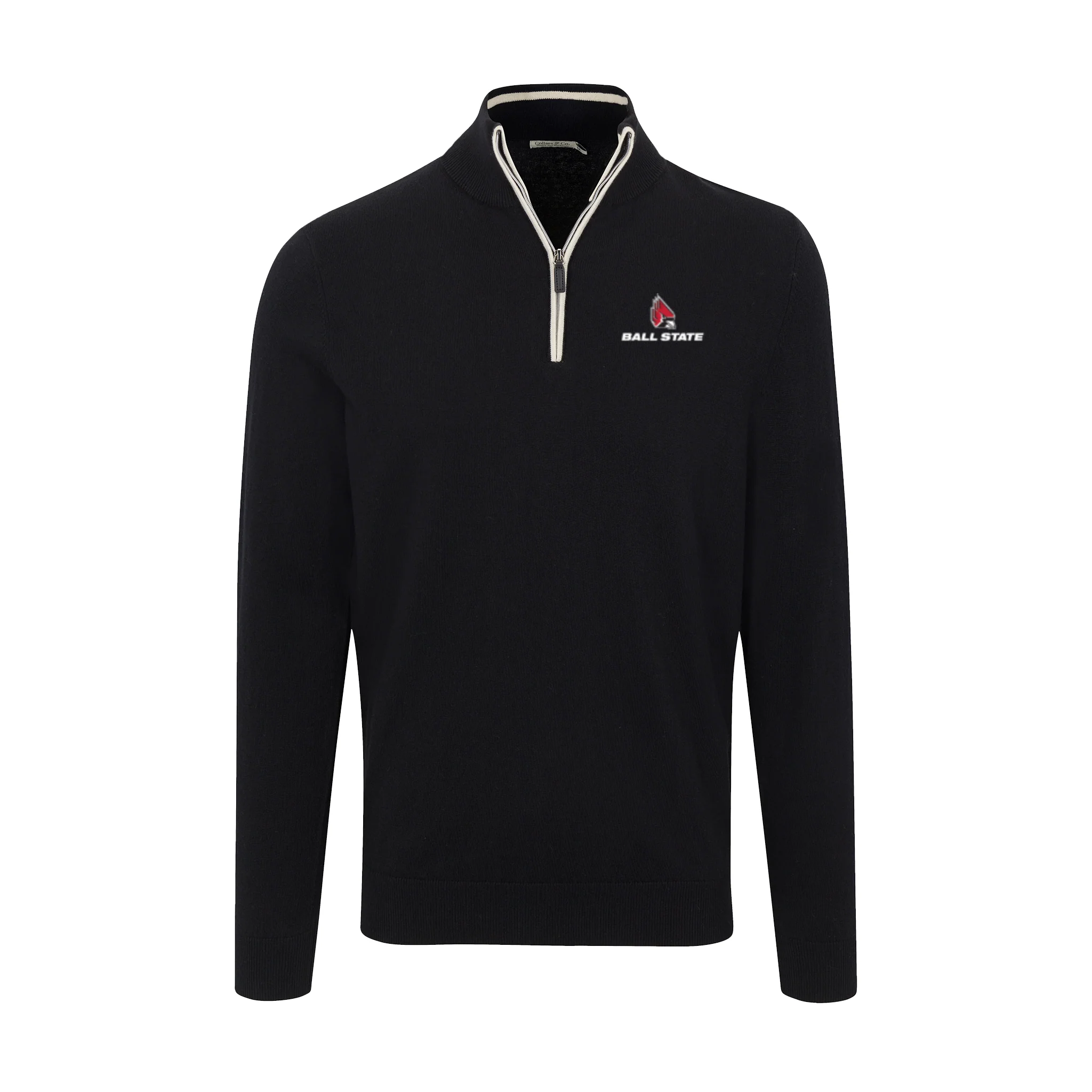 Ball State Black with White Trim Luxury Touch Cotton and Cashmere Quarter Zip Sweater