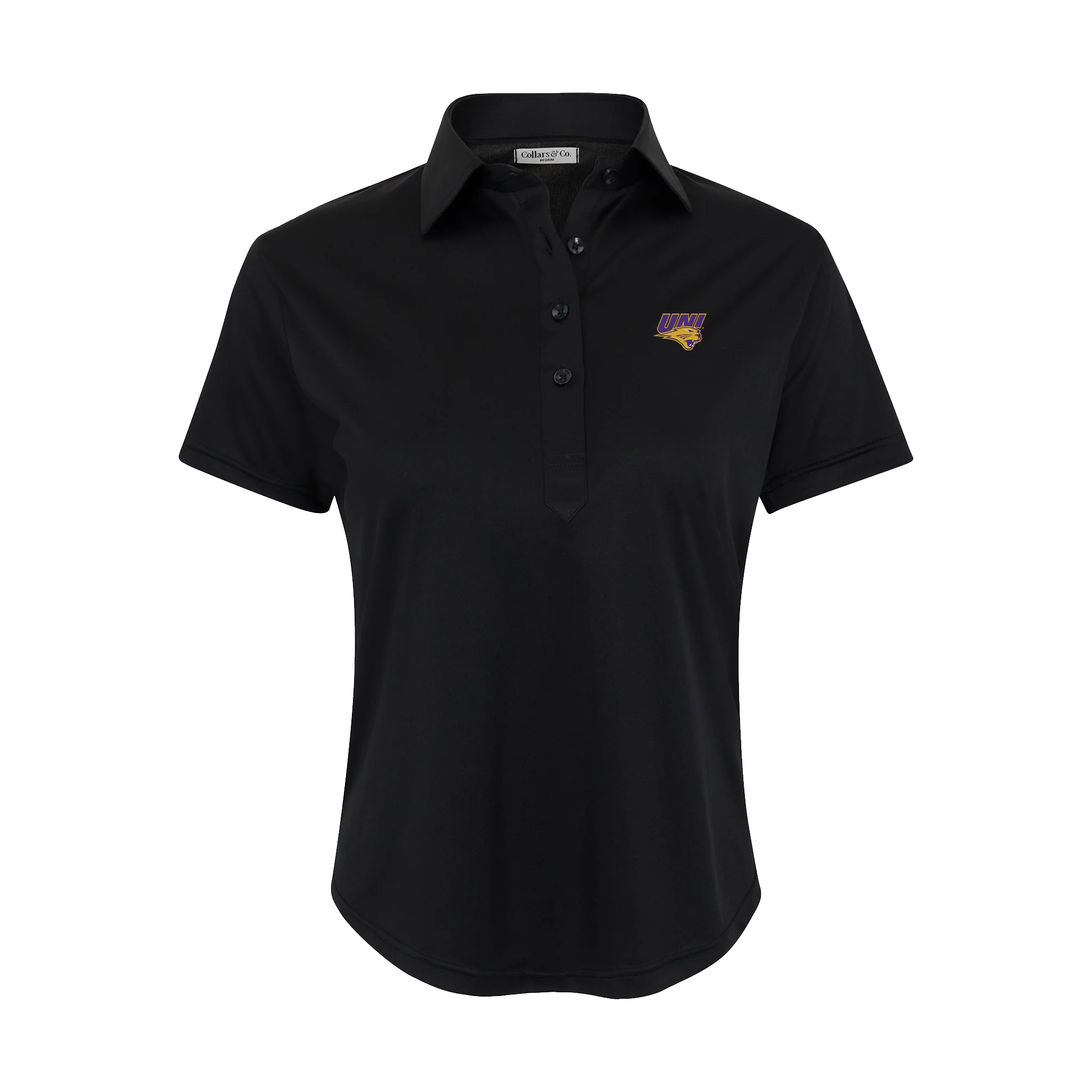 10908-northern-iowa-women-s-cap-sleeve-semi-spread-polo-black-1.webp Northern Iowa Women's Cap Sleeve Semi Spread Polo Black