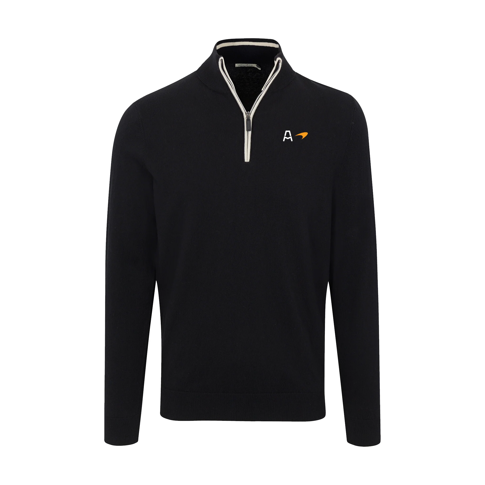 Arrow McLaren Black with White Trim Luxury Touch Cotton and Cashmere Quarter Zip Sweater
