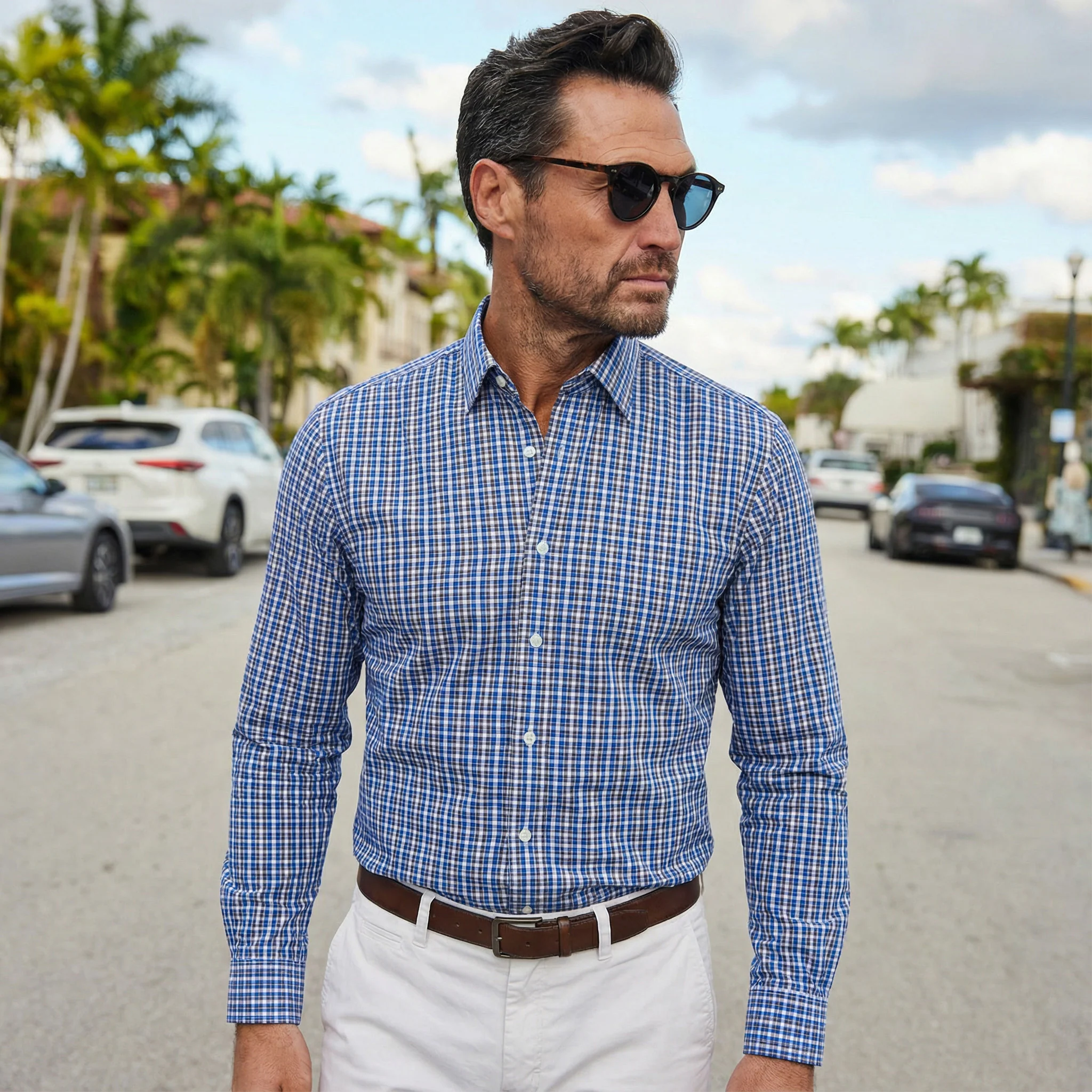 Apex Performance Dress Shirt Semi-Spread Collar Royal and Brown Tattersall