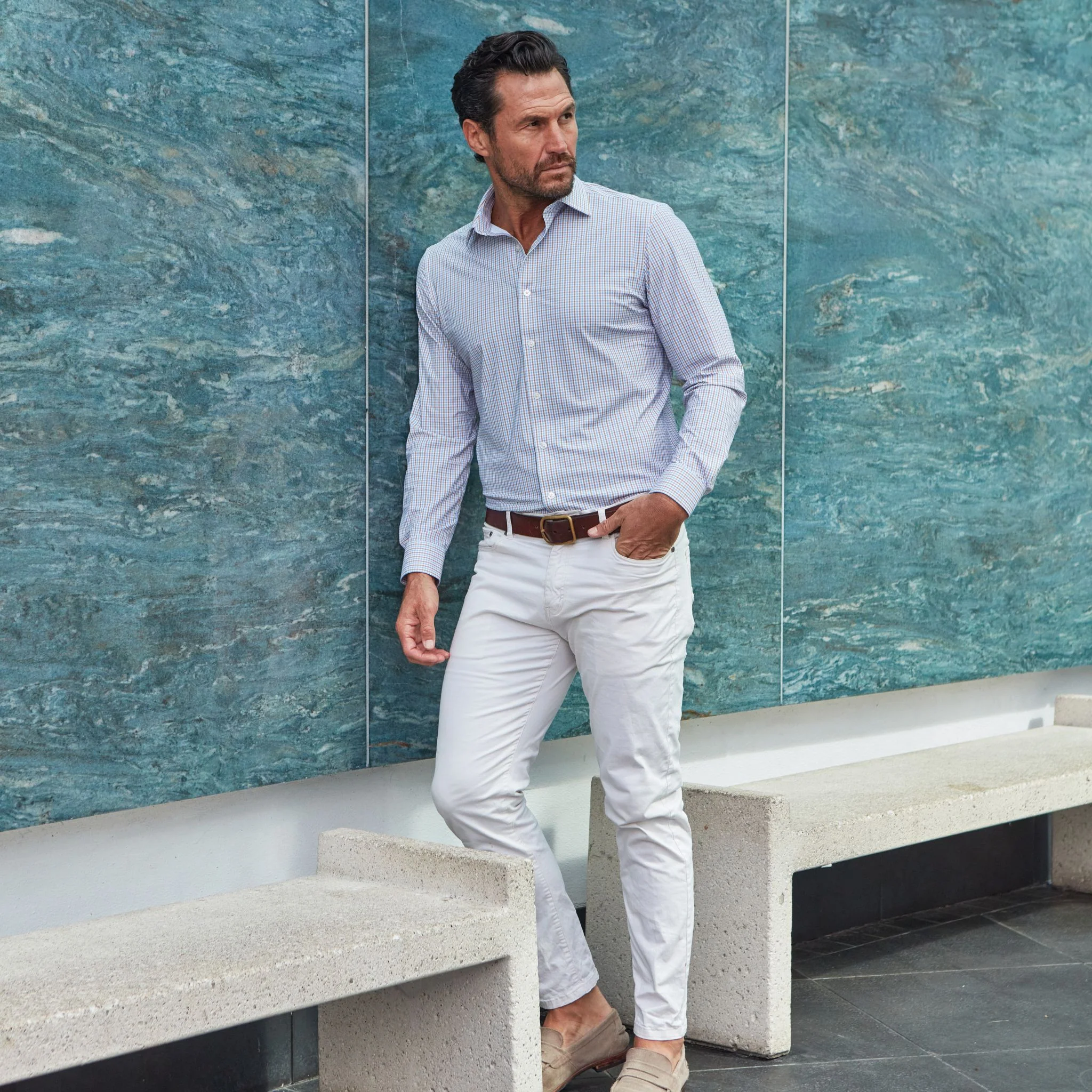 1161-apex-performance-dress-shirt-semi-spread-collar-tan-and-blue-tattersall-3.webp Apex Performance Dress Shirt Semi-Spread Collar Tan and Blue Tattersall