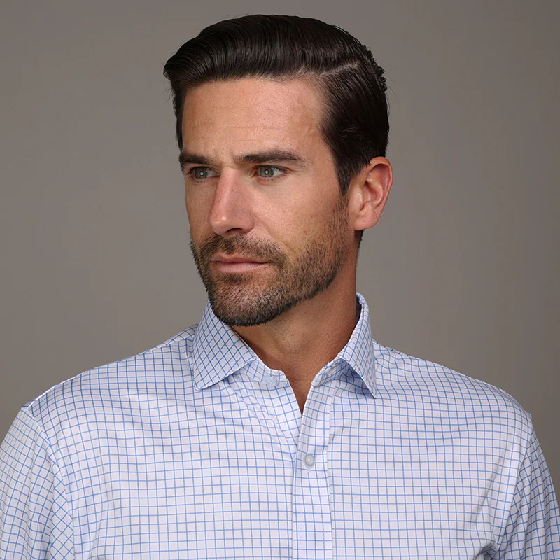 Quattro Flex Dress Shirt with Semi-Spread Collar Thin Blue Check