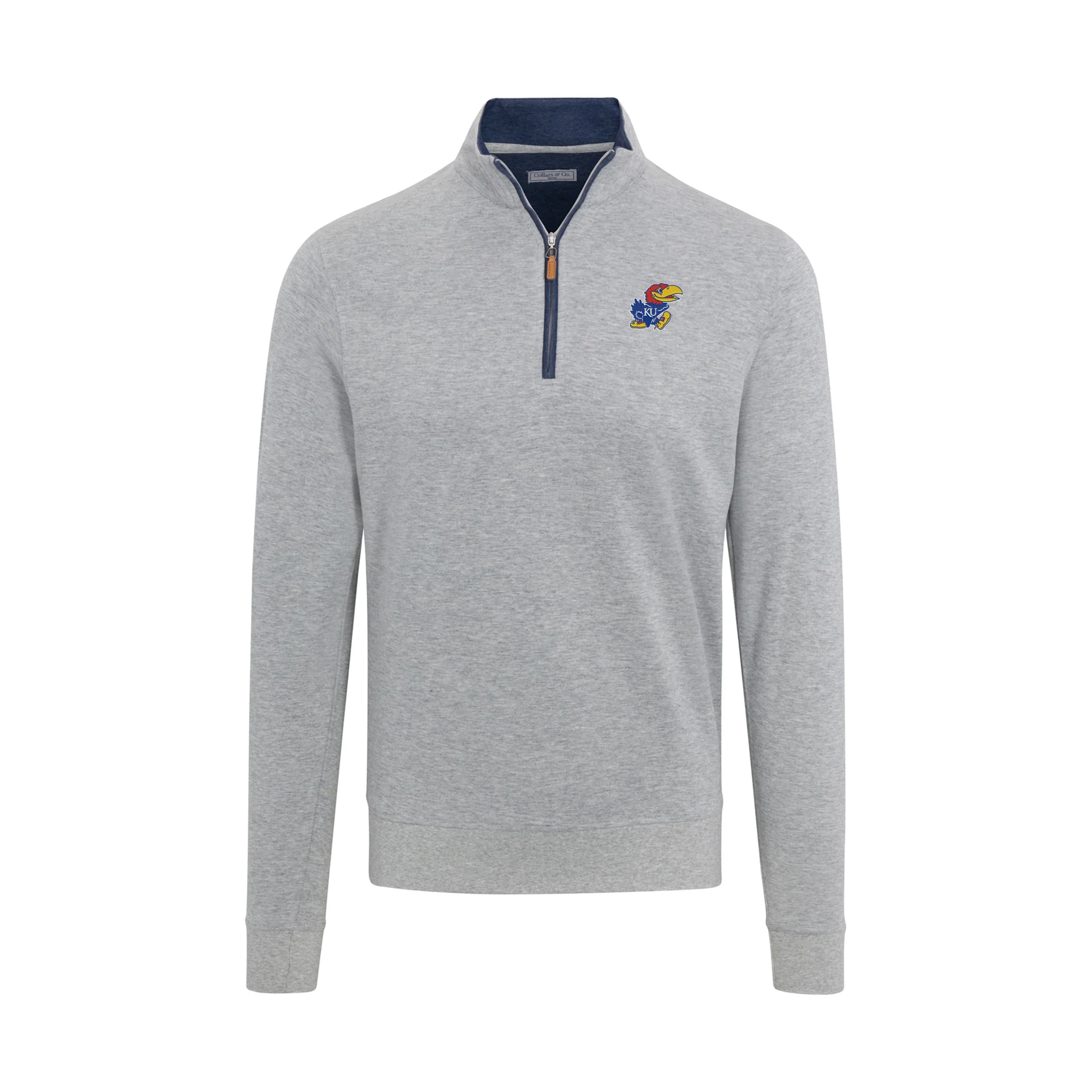 Kansas Heather Cloud Cotton Quarter Zip Pullover Light Grey with Navy Trim