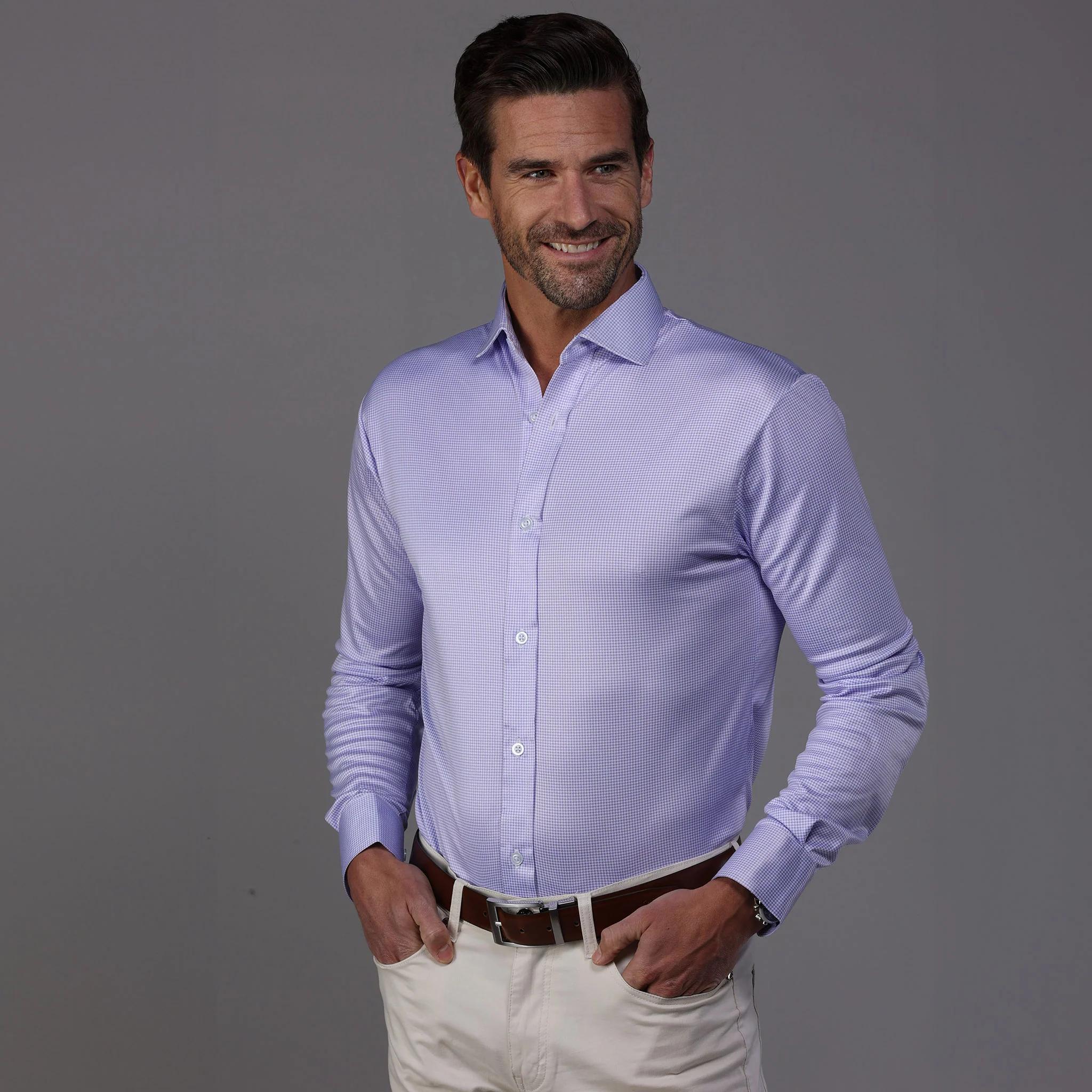 Quattro Flex Dress Shirt with Semi-Spread Collar Lavender Houndstooth
