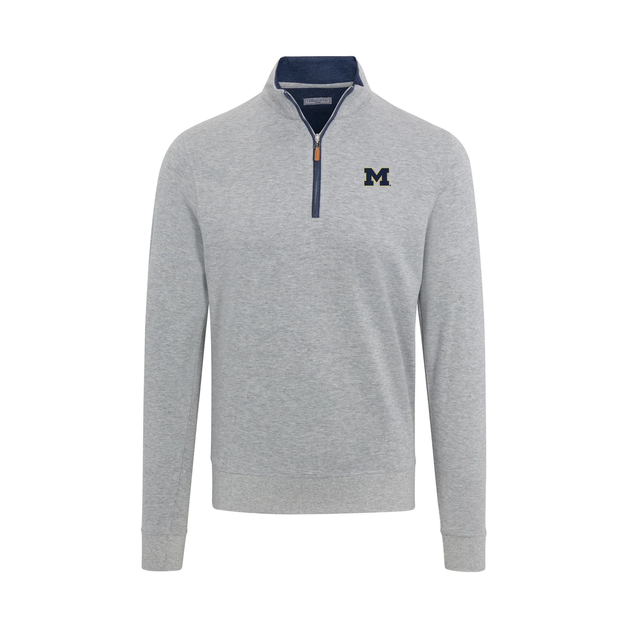 Michigan Heather Cloud Cotton Quarter Zip Pullover Light Grey with Navy Trim