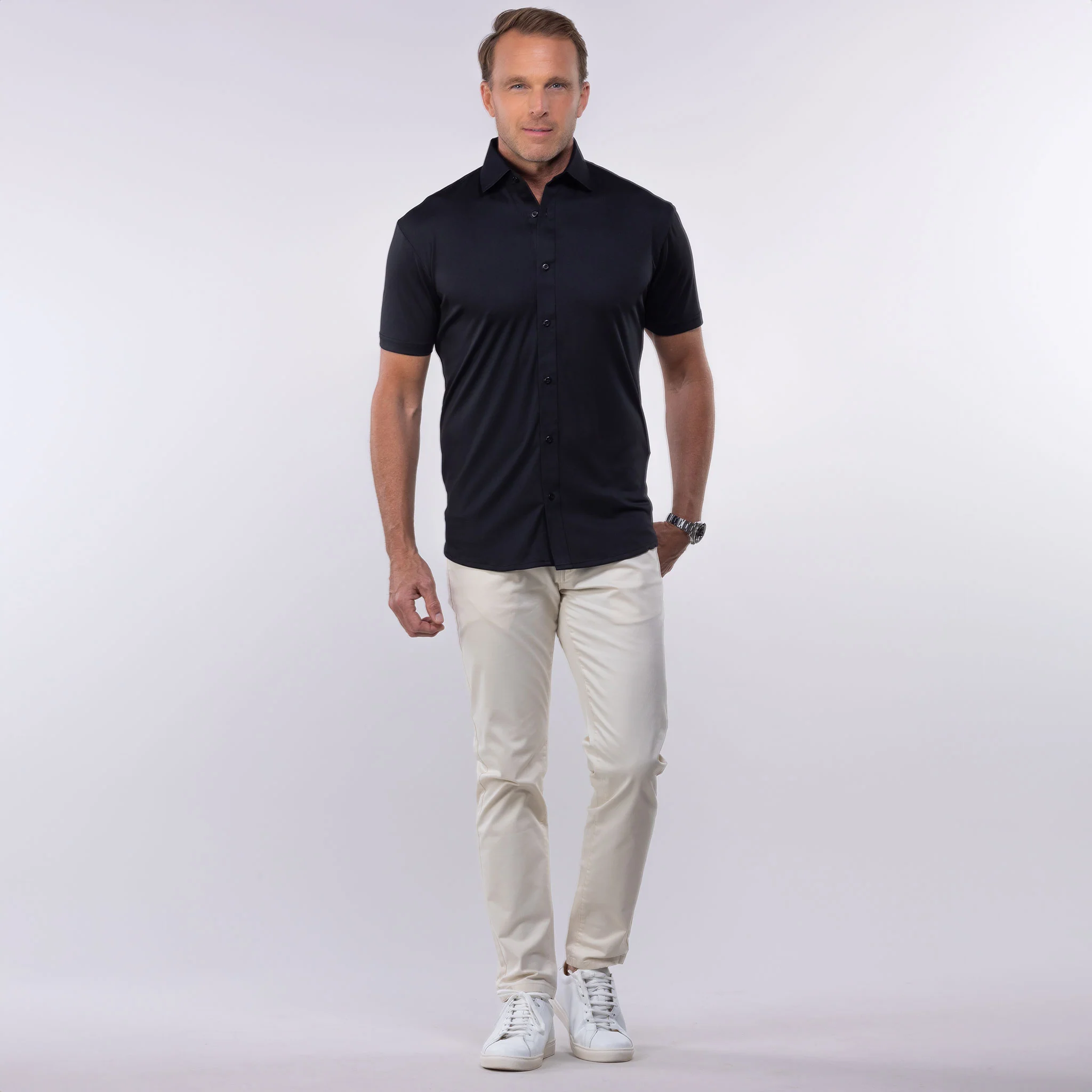Quattro Flex Short Sleeve Button Down Black
