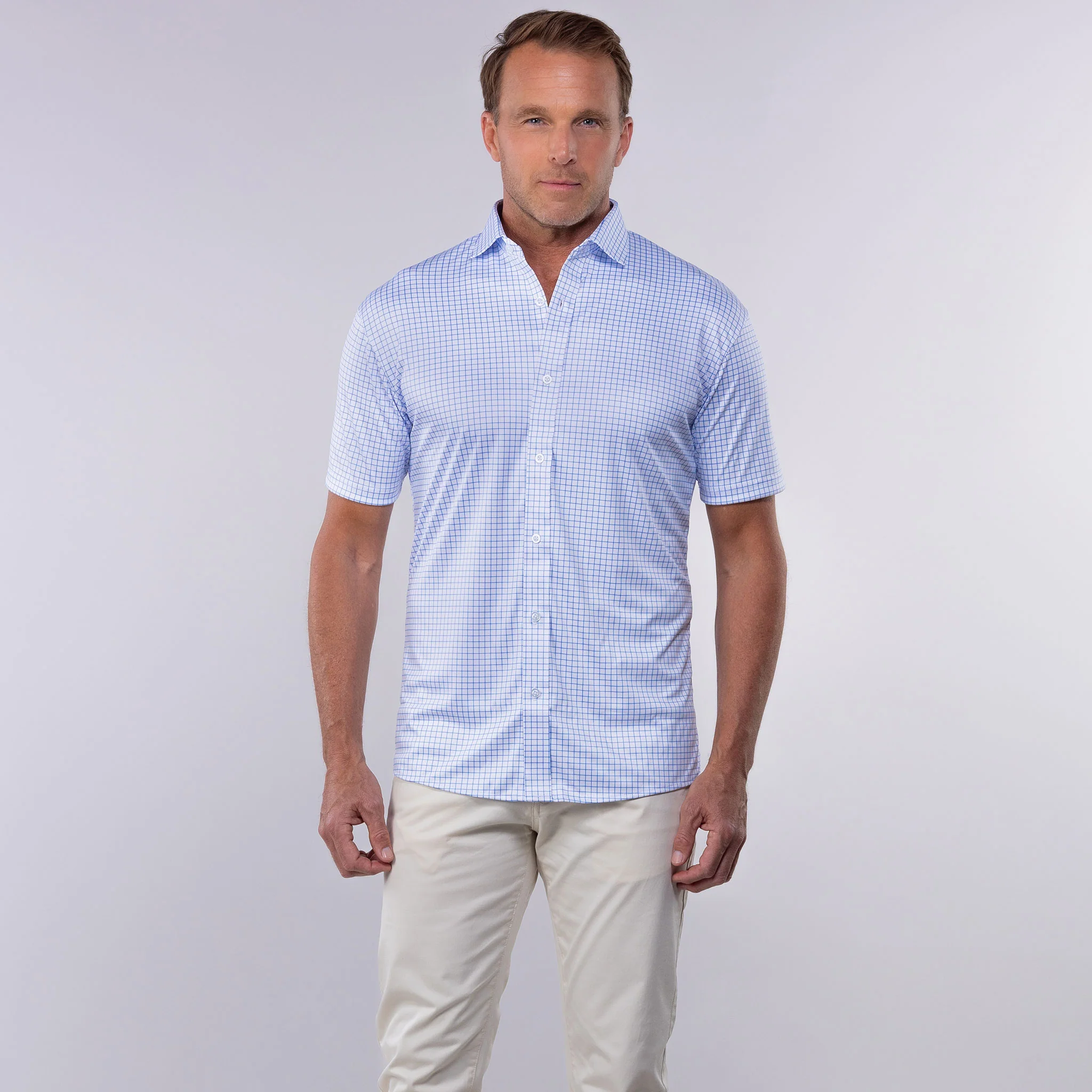 Quattro Flex Short Sleeve Button Down Thin Blue Check