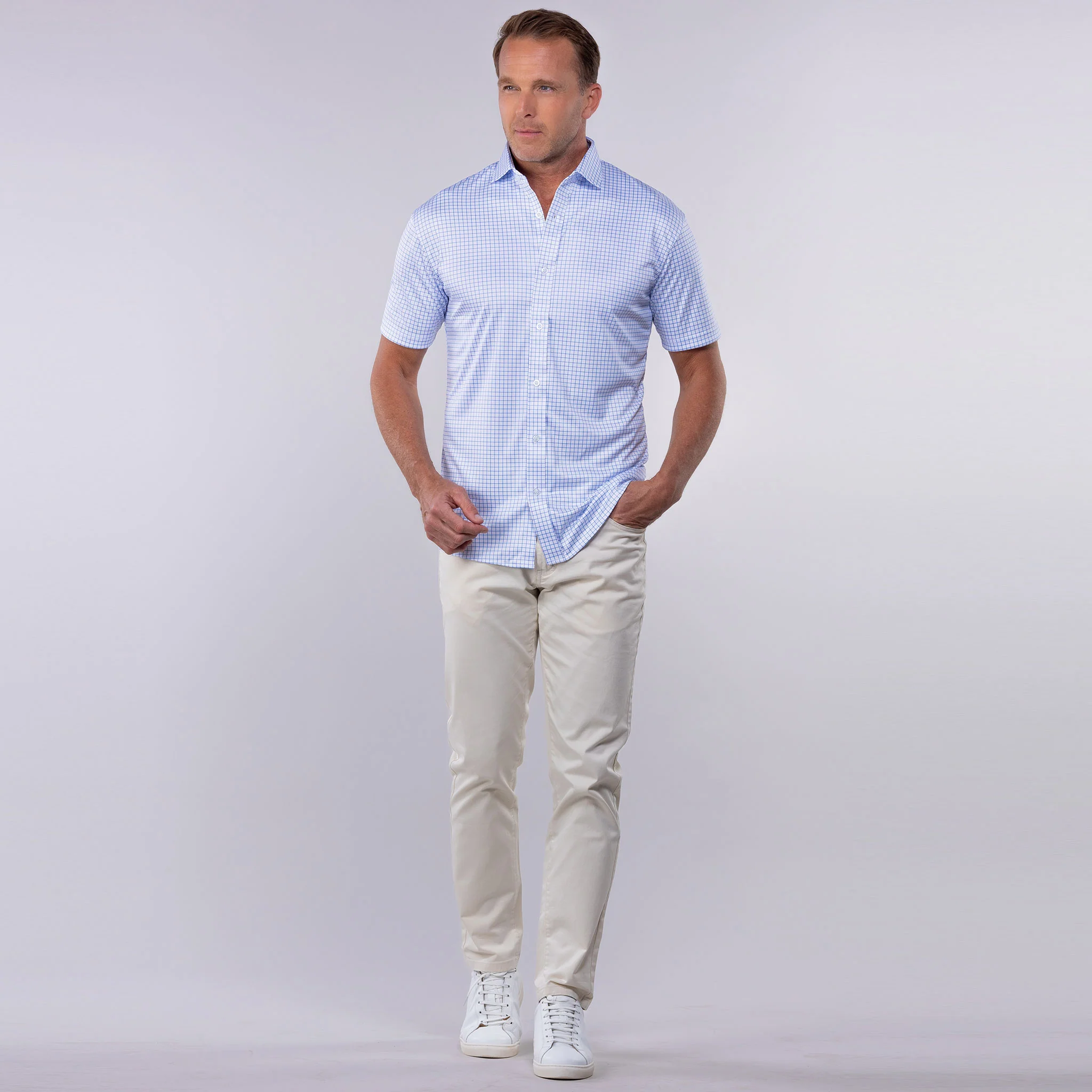 Quattro Flex Short Sleeve Button Down Thin Blue Check