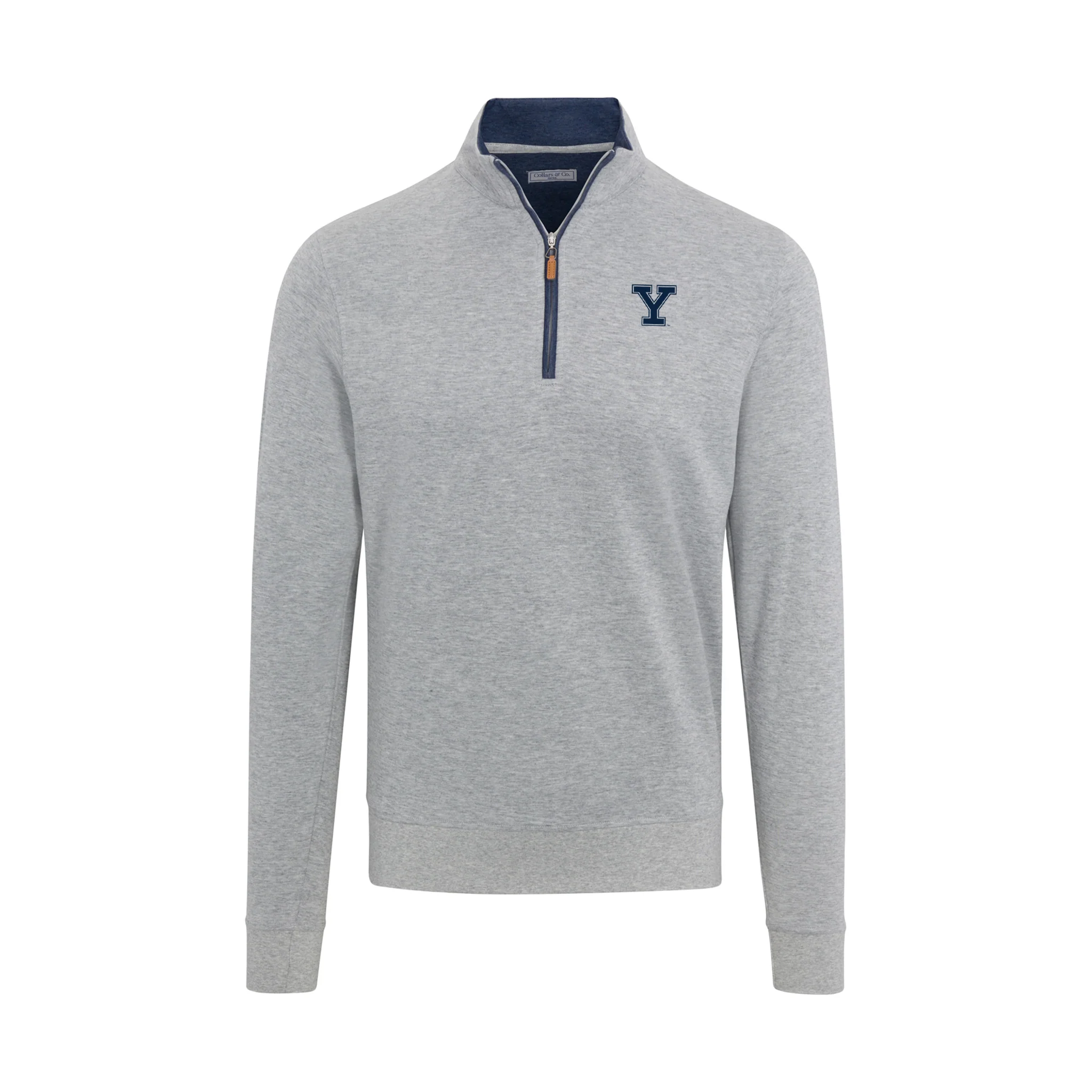 Yale Heather Cloud Cotton Quarter Zip Pullover Light Grey with Navy Trim