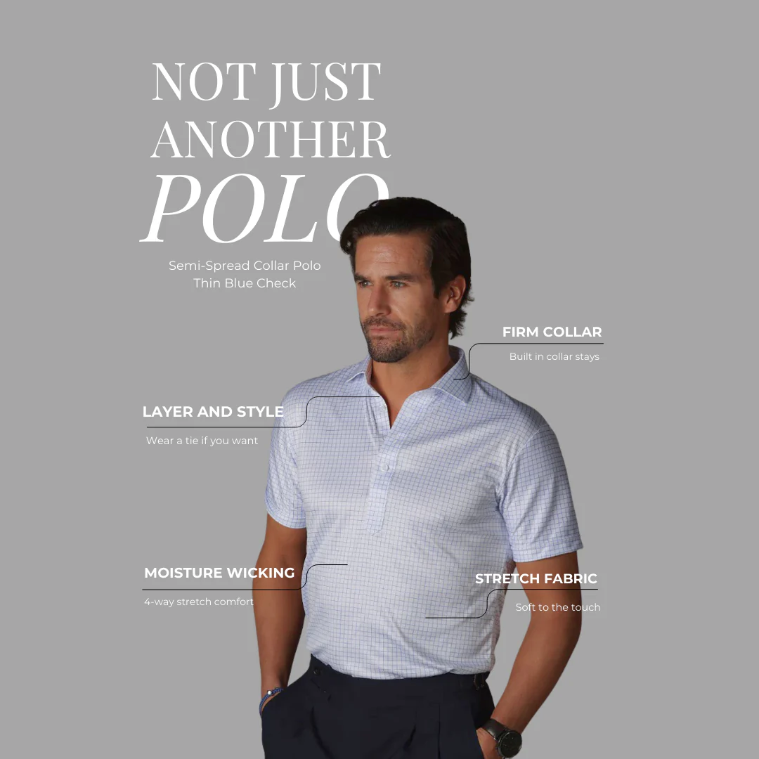 Semi-Spread Collar Polo Thin Blue Check Original