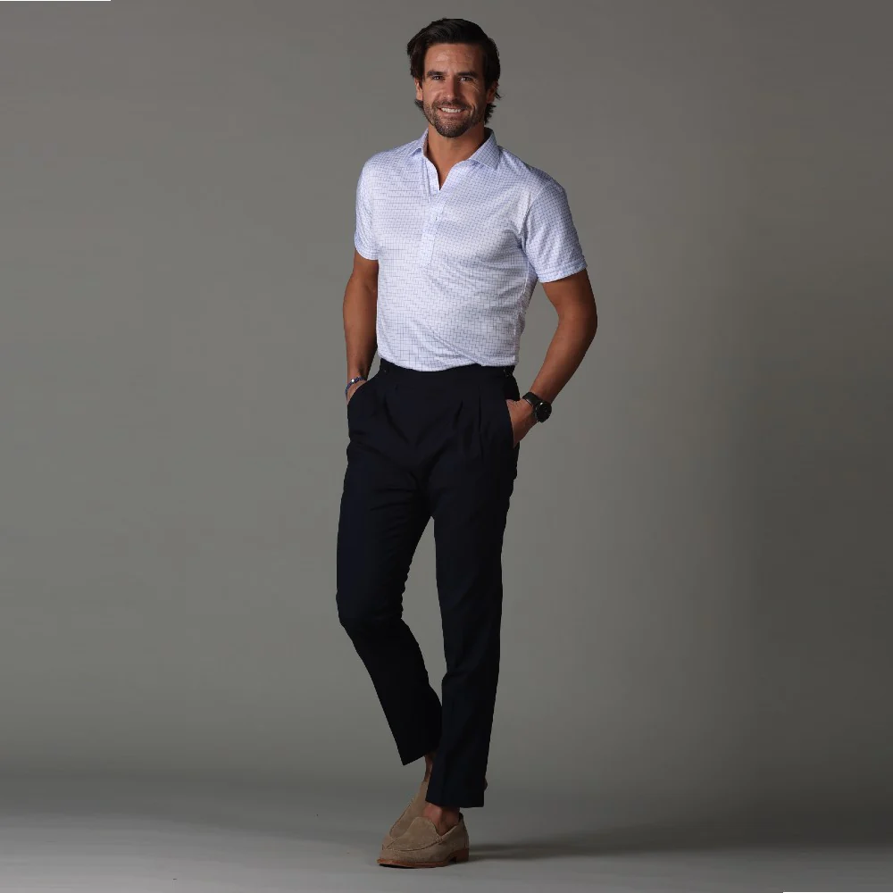 Semi-Spread Collar Polo Thin Blue Check Original