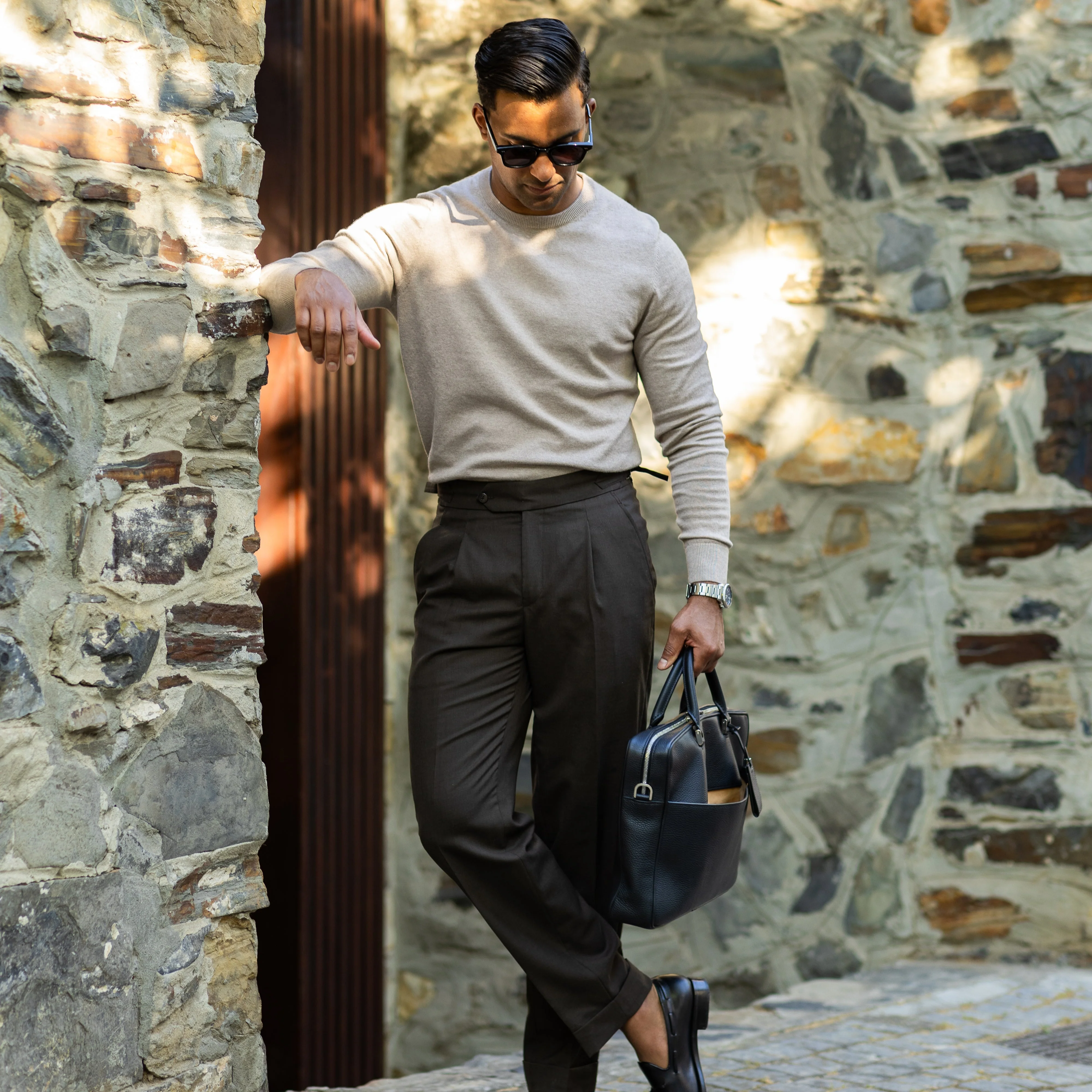 Oatmeal Luxury Touch Cotton and Cashmere Crew Neck Sweater