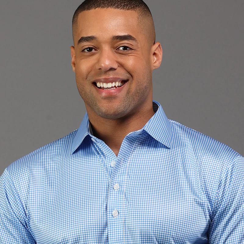 Long Sleeve Semi-Spread Collar Polo Light Blue Micro Gingham