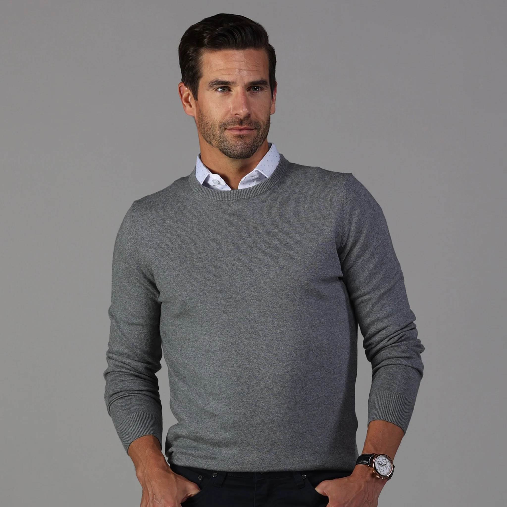 Grey Luxury Touch Cotton and Cashmere Crew Neck Sweater