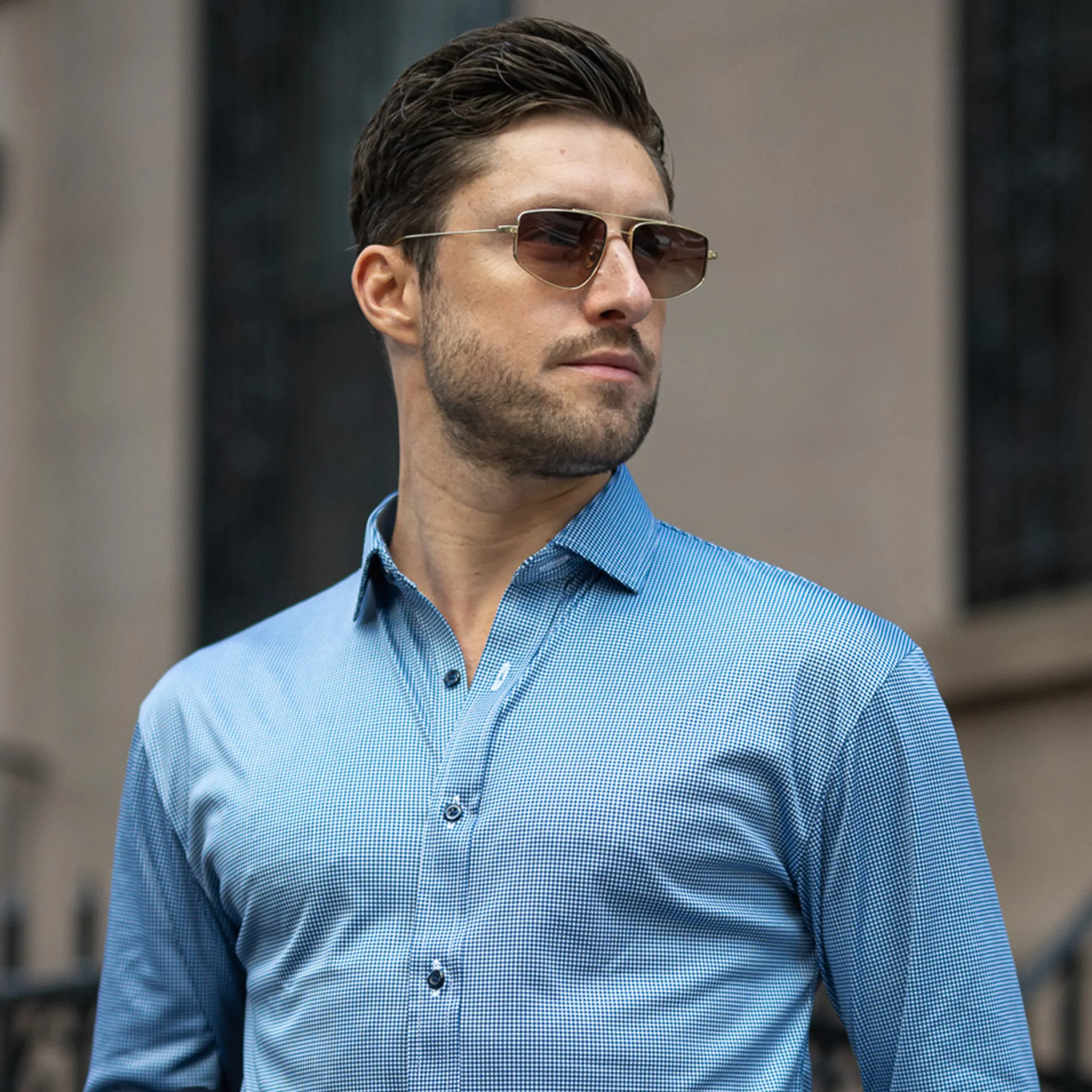 Quattro Flex Dress Shirt with Semi-Spread Collar Navy Houndstooth