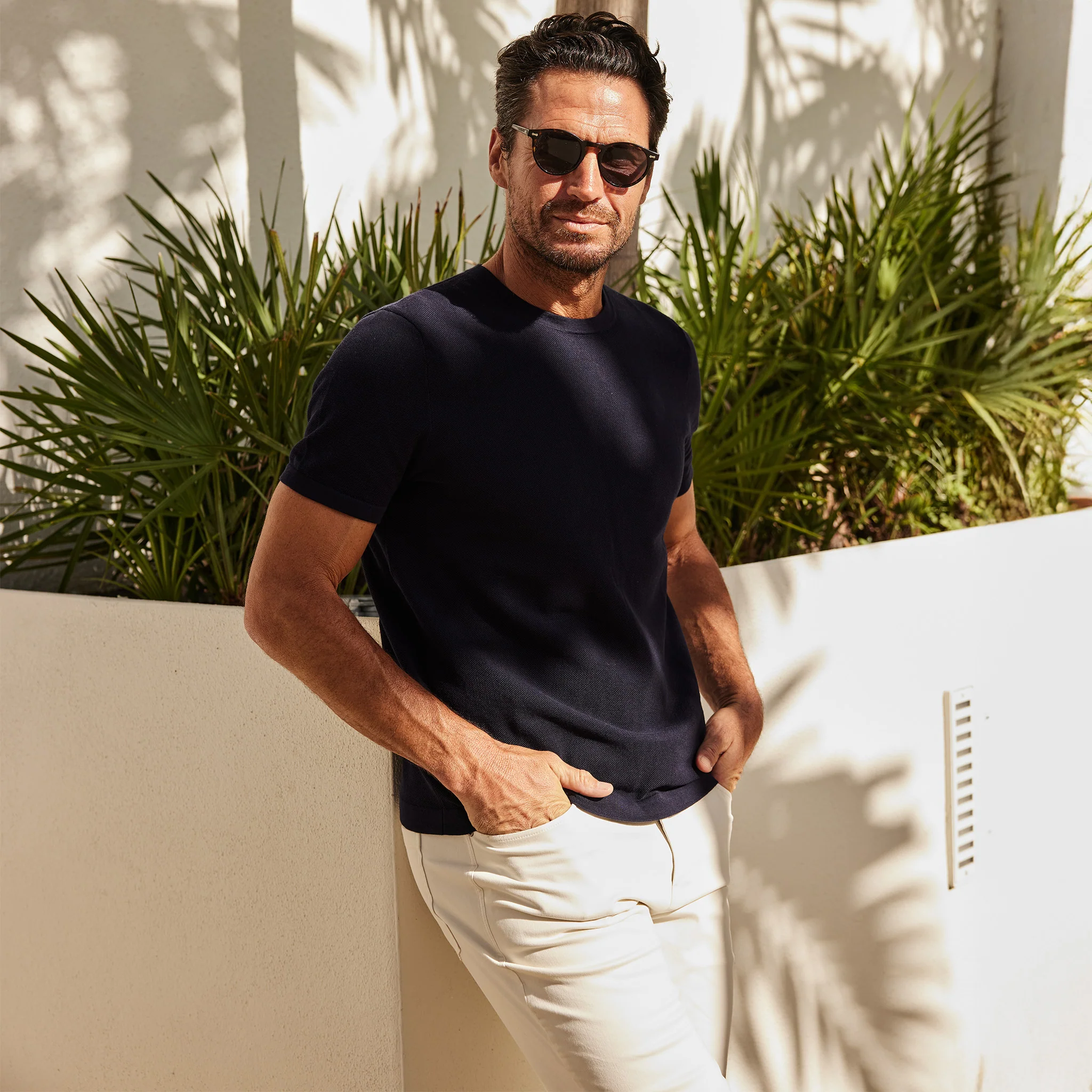 Como Textured Cotton Tee Navy
