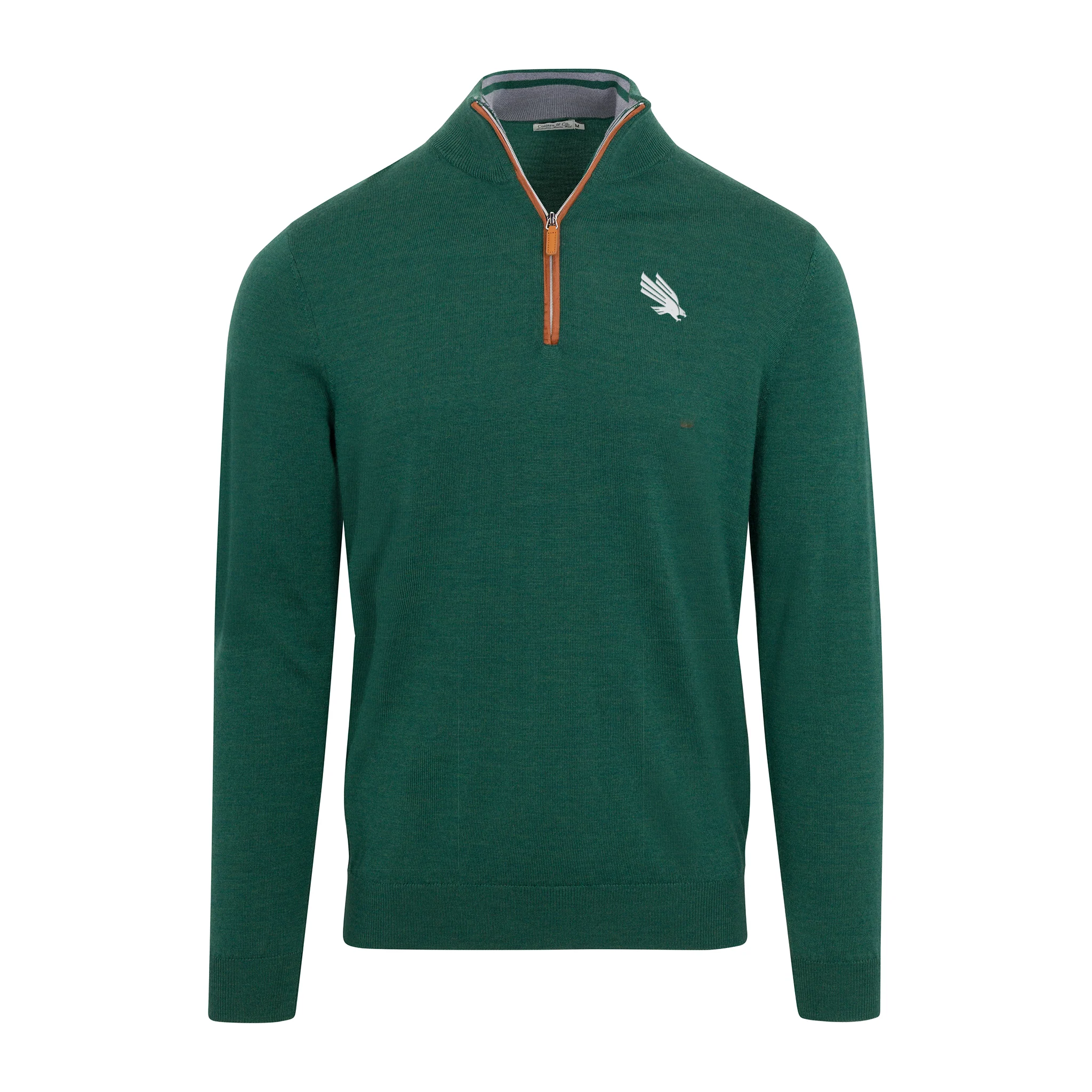North Texas Hunter Green with Brown Suede Trim Cashmere Touch Australian Merino Quarter Zip Sweater