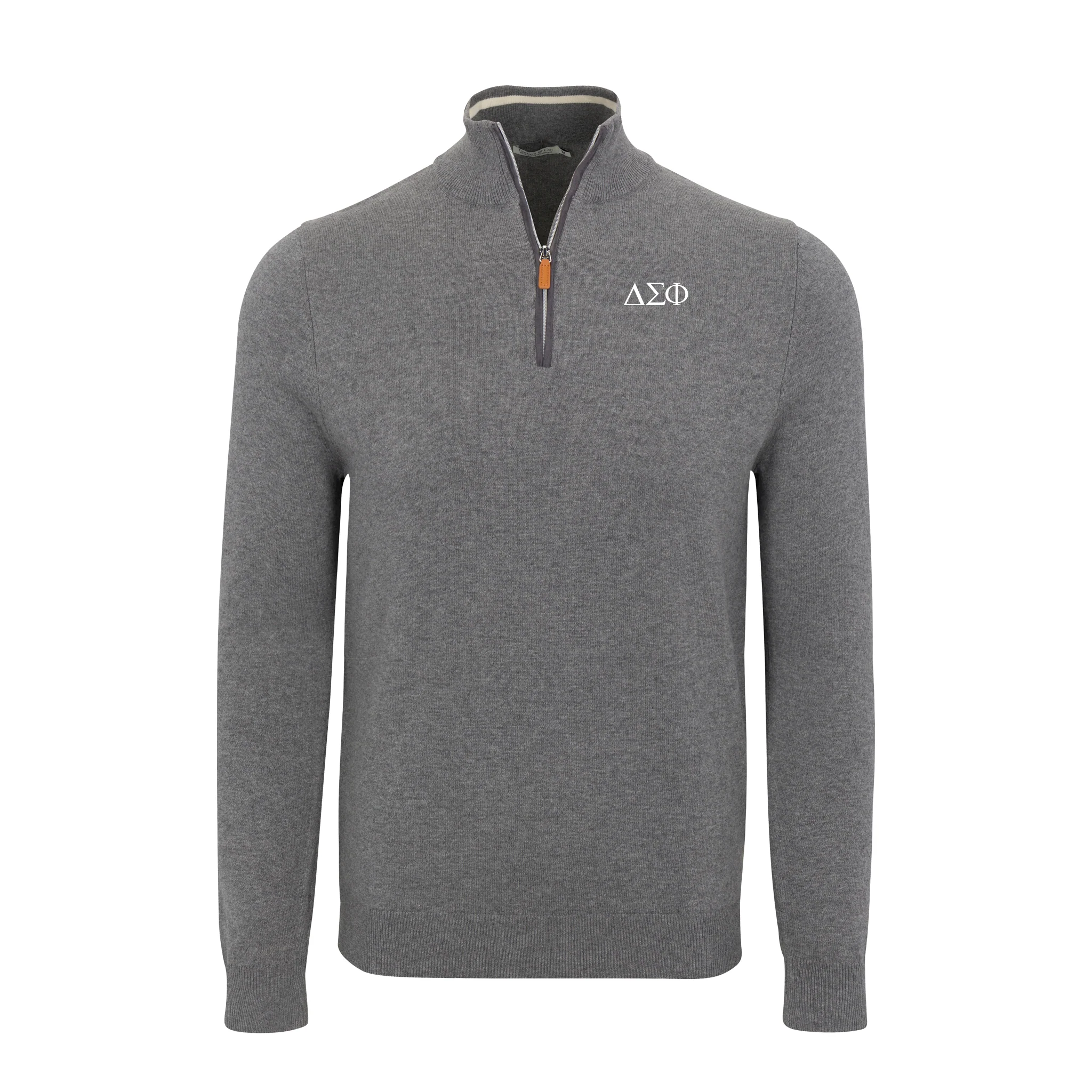 Collars & Co. Delta Sigma Phi Grey with Grey Trim Luxury Touch Cotton and Cashmere Quarter Zip Sweater