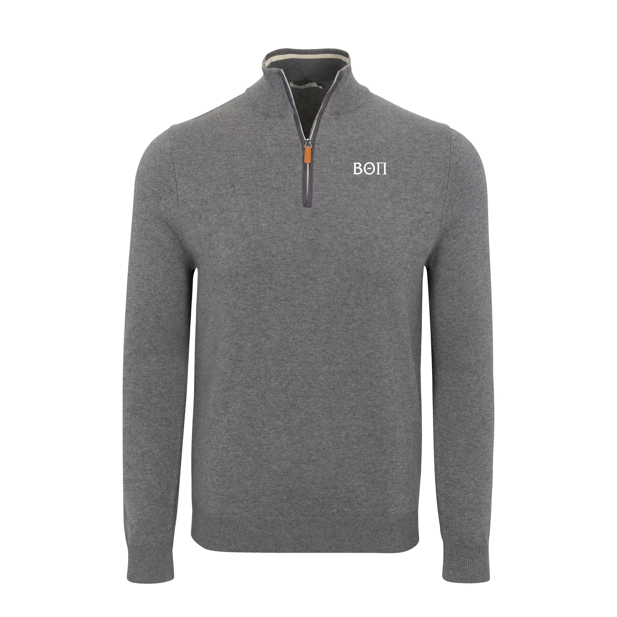 Collars & Co. Beta Theta Pi Grey with Grey Trim Luxury Touch Cotton and Cashmere Quarter Zip Sweater