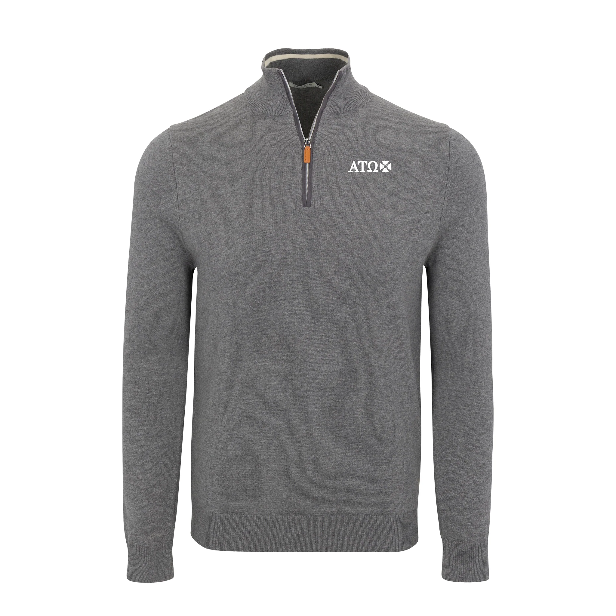 Collars & Co. Alpha Tau Omega Grey with Grey Trim Luxury Touch Cotton and Cashmere Quarter Zip Sweater