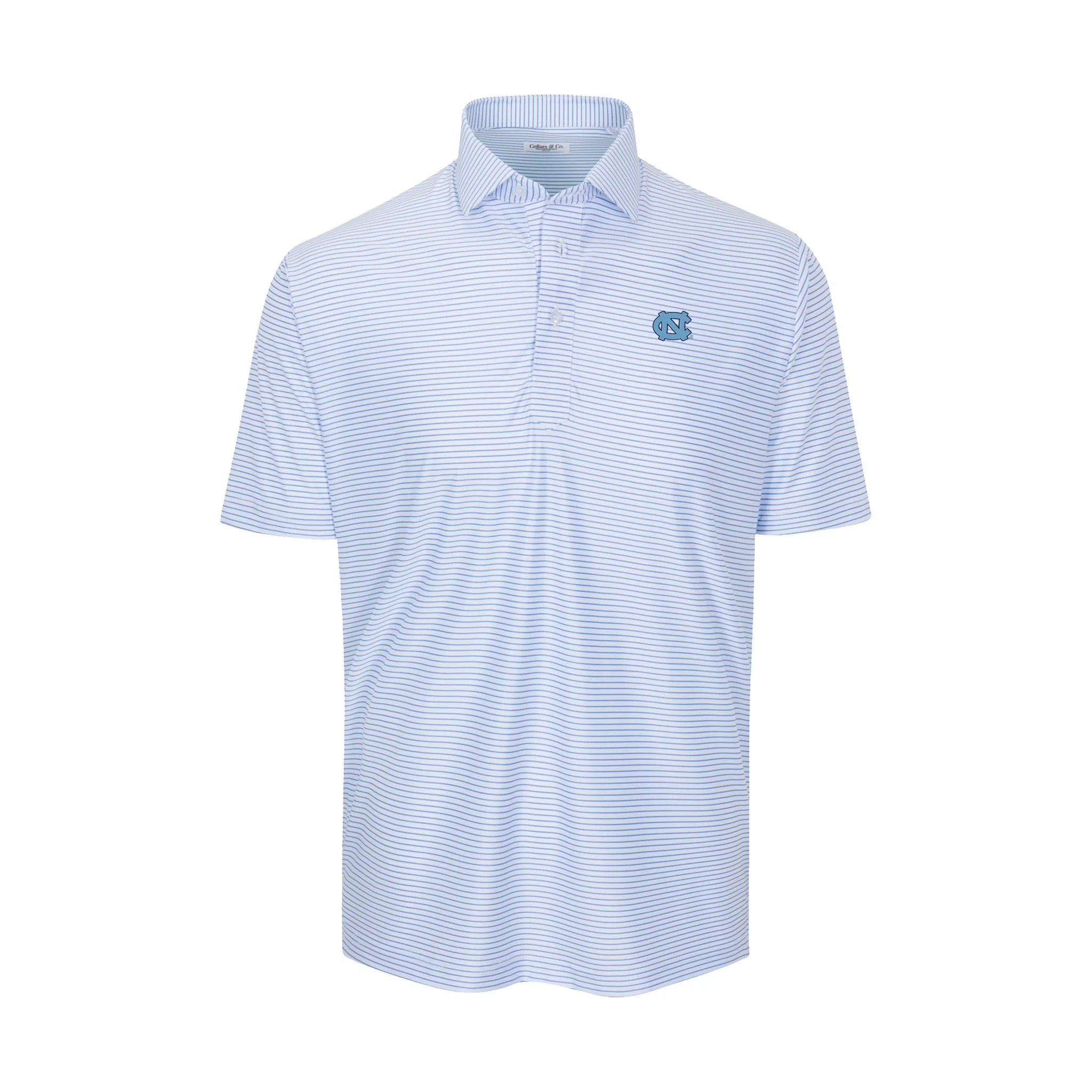 North Carolina Featherweight Flex Polo Camden White with Blue Stripe