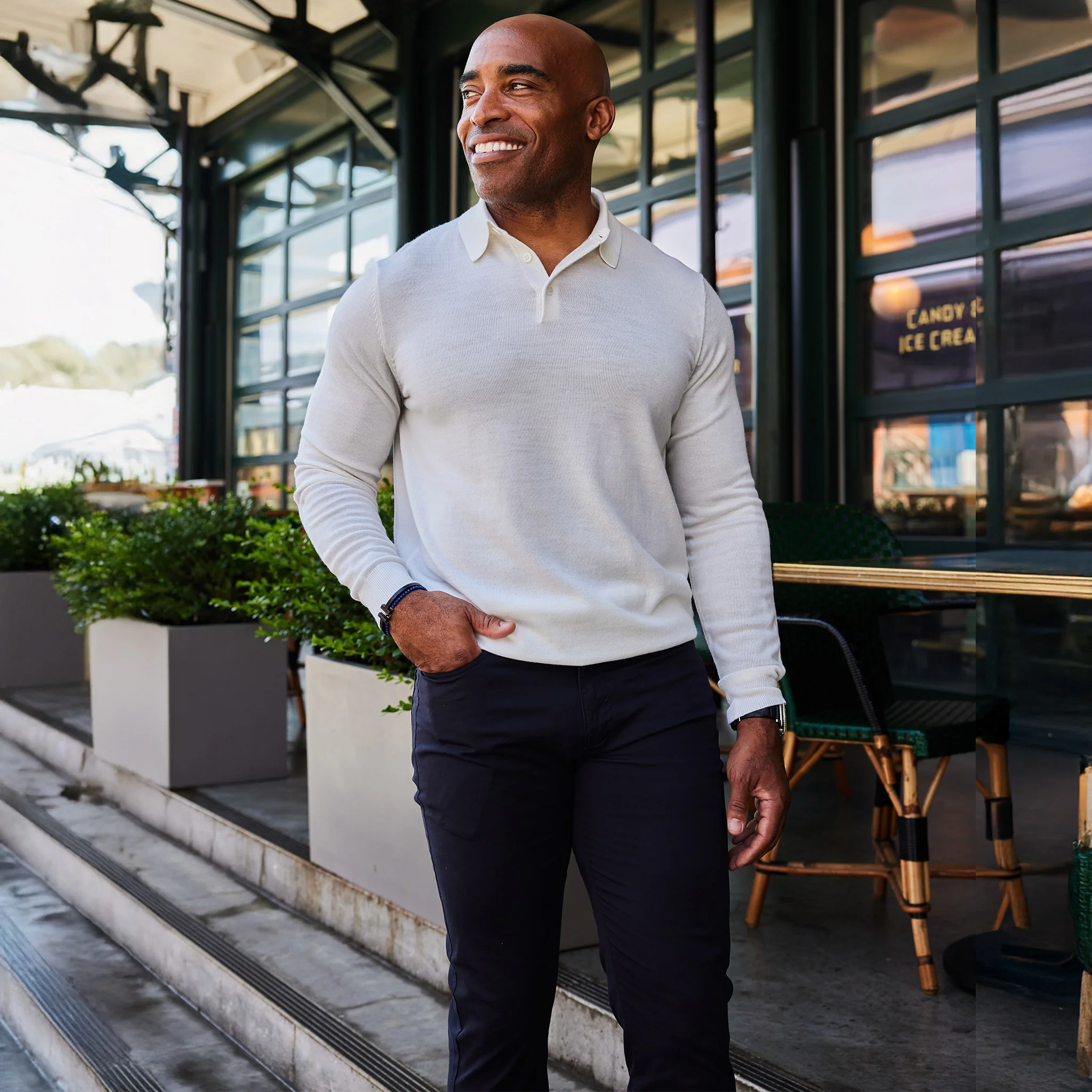 Bellagio Three Button Long Sleeve Merino Polo Cream