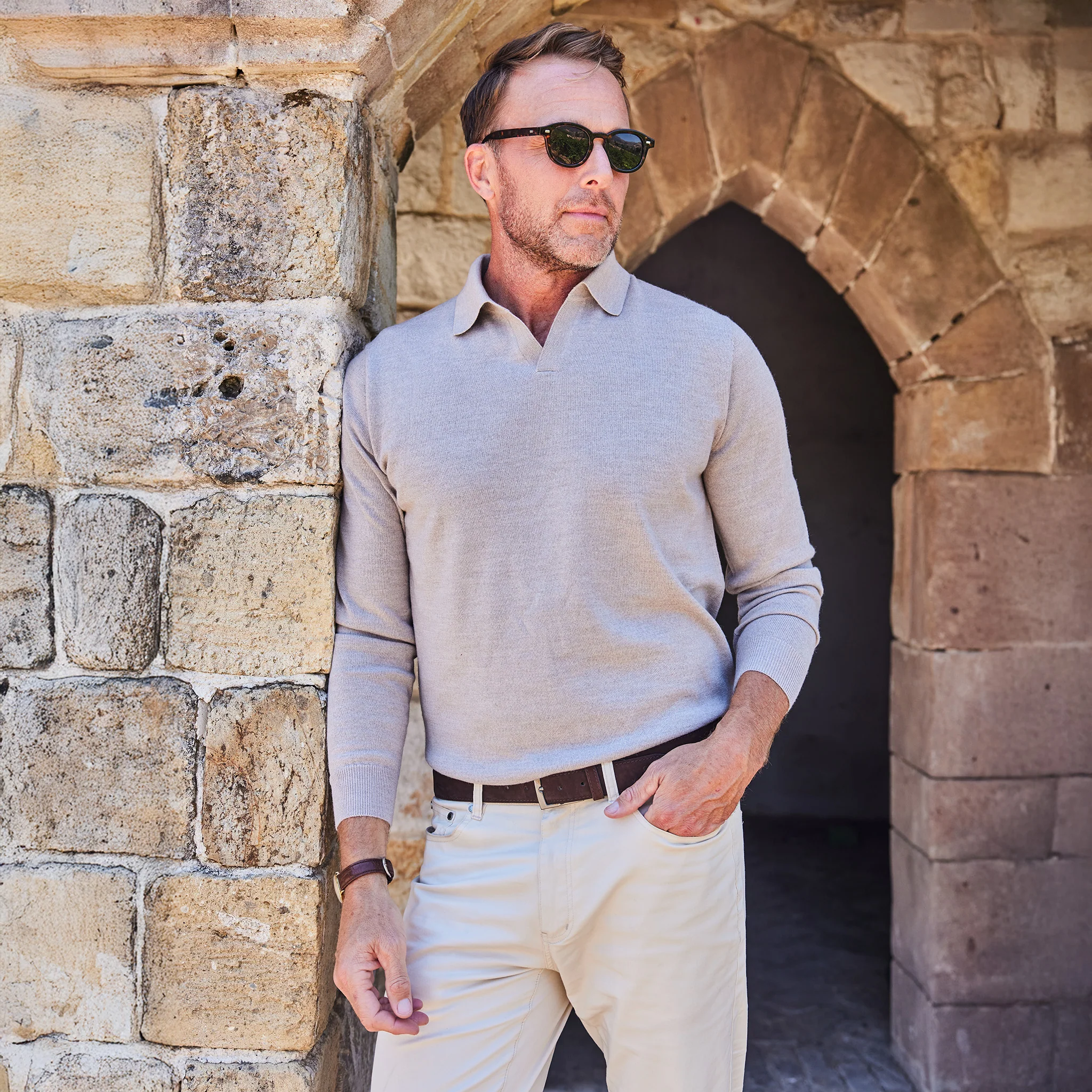 884-bellagio-buttonless-long-sleeve-merino-polo-oatmeal-2.webp Bellagio Buttonless Long Sleeve Merino Polo Oatmeal