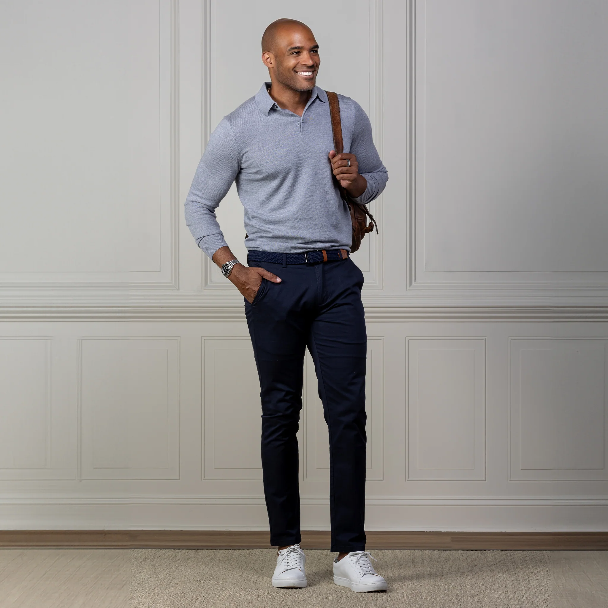 Bellagio Three Button Long Sleeve Merino Polo Slate Blue
