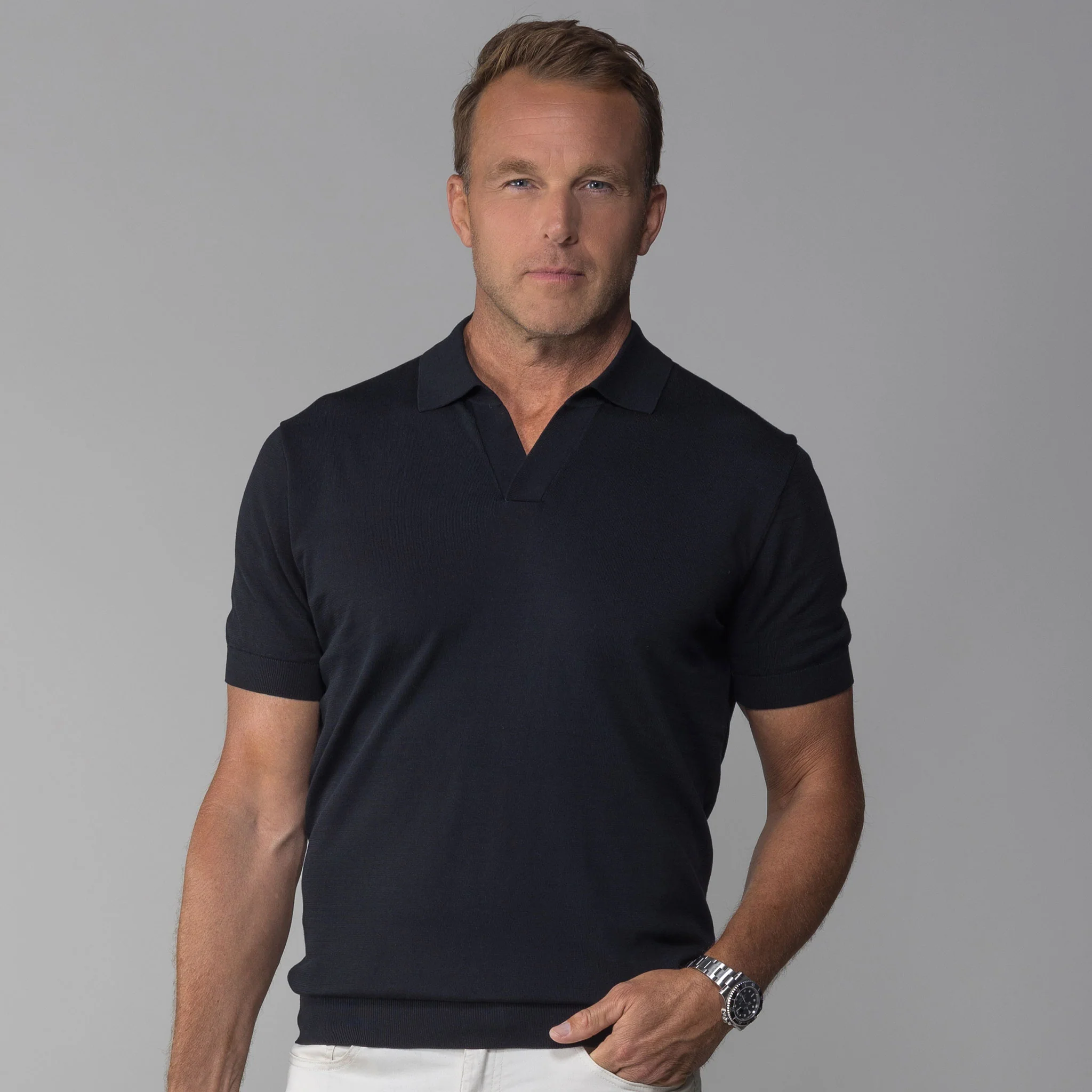 The Maranello Mid-Weight Cotton & Silk Polo Black - Buttonless