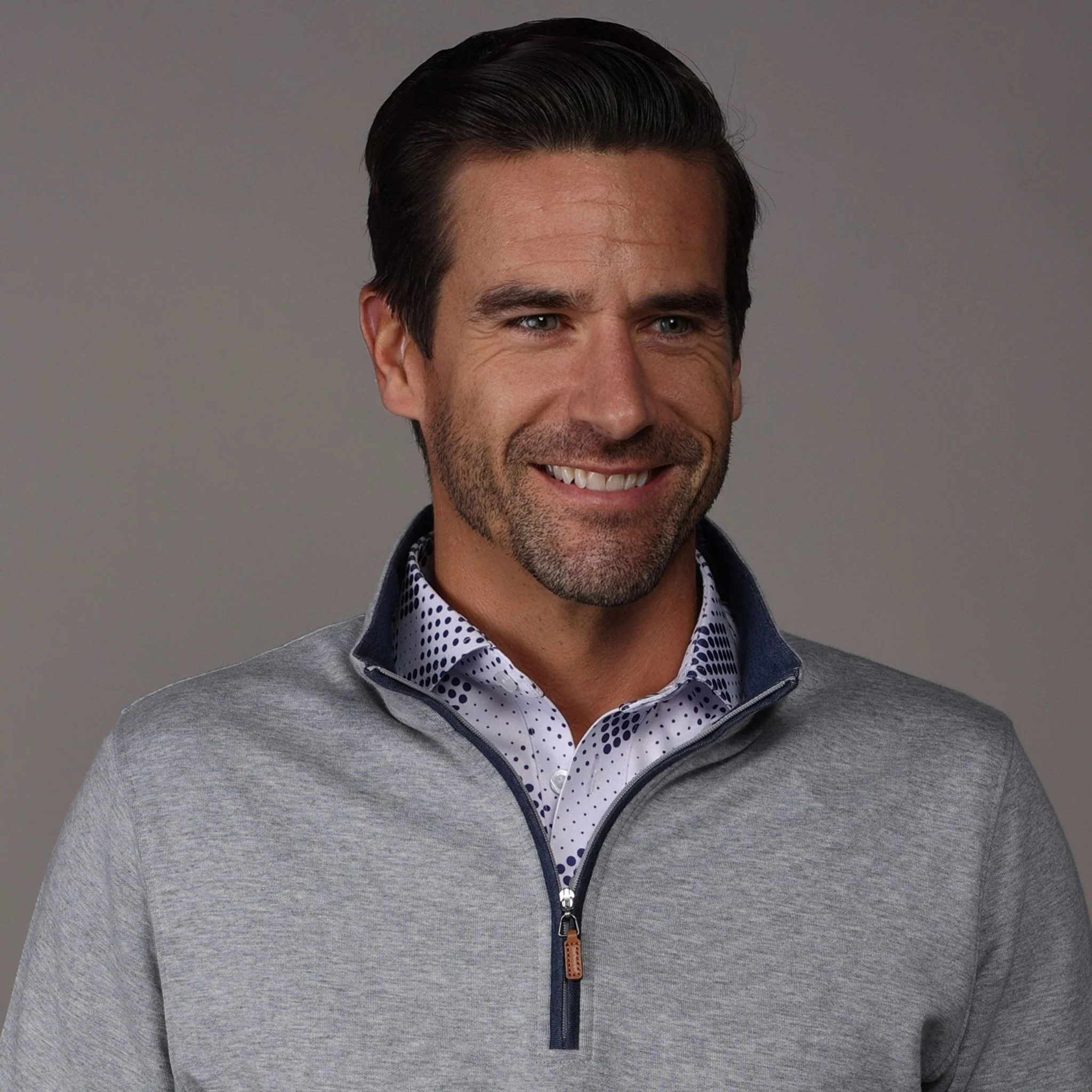 Heather Cloud Cotton Quarter Zip Light Grey with Navy Trim