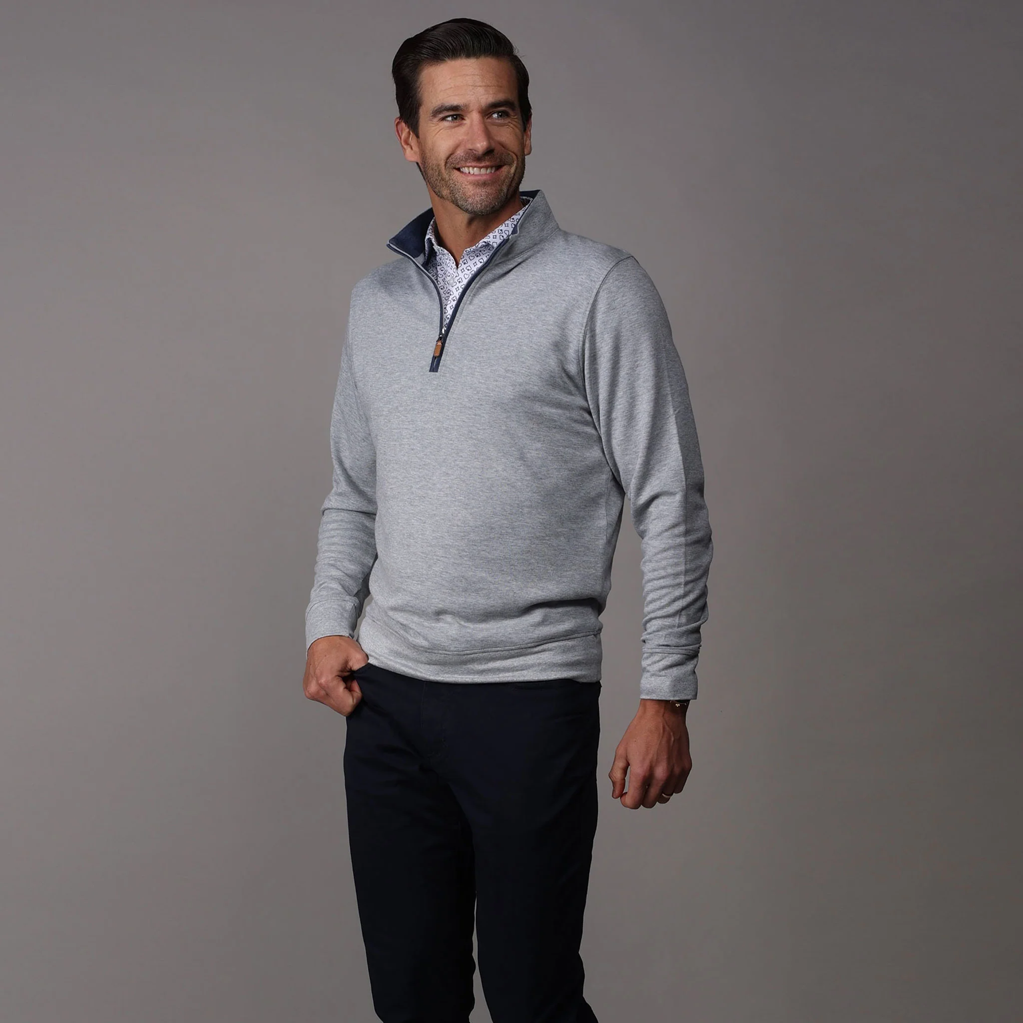 Heather Cloud Cotton Quarter Zip Light Grey with Navy Trim
