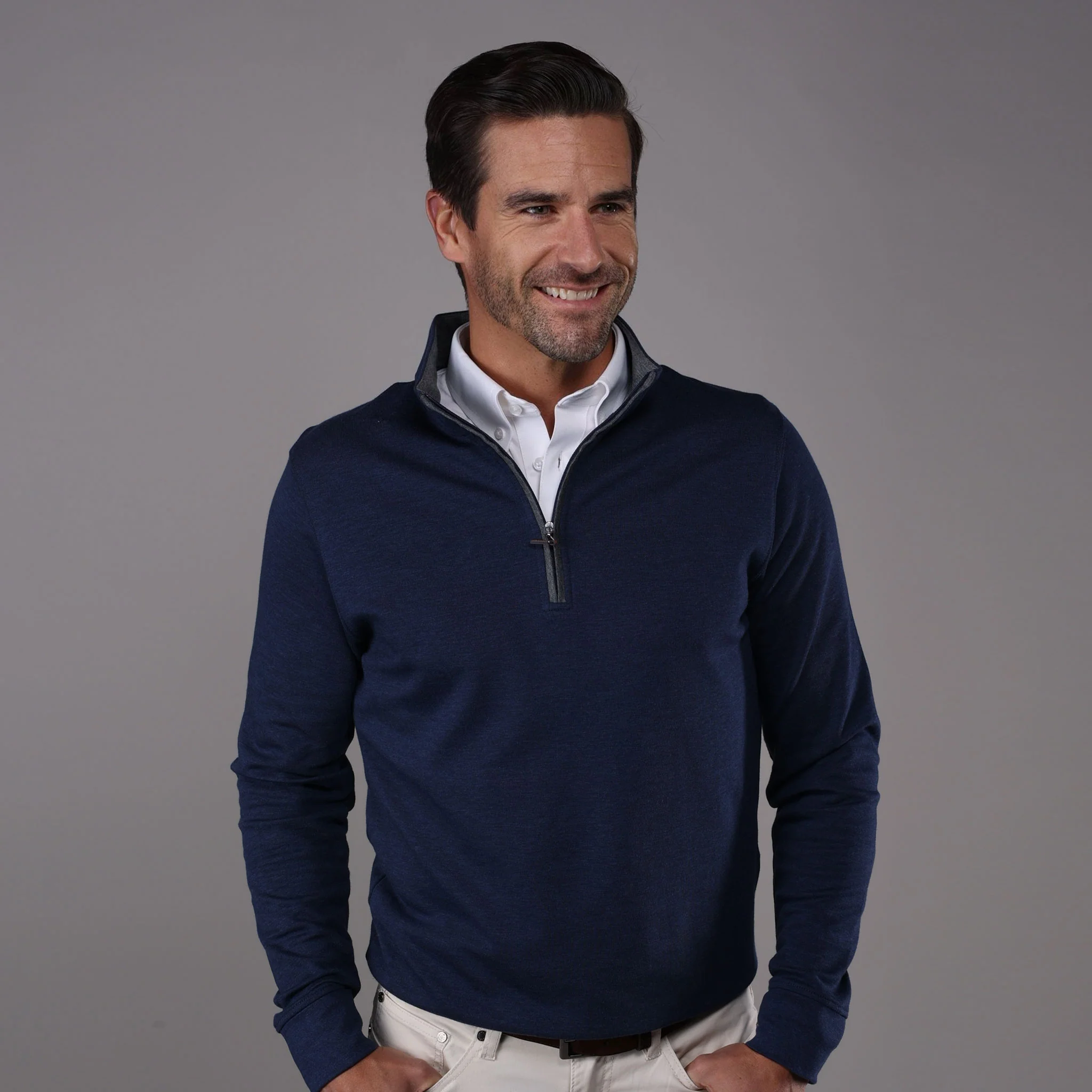 Heather Cloud Cotton Quarter Zip Navy with Grey Trim