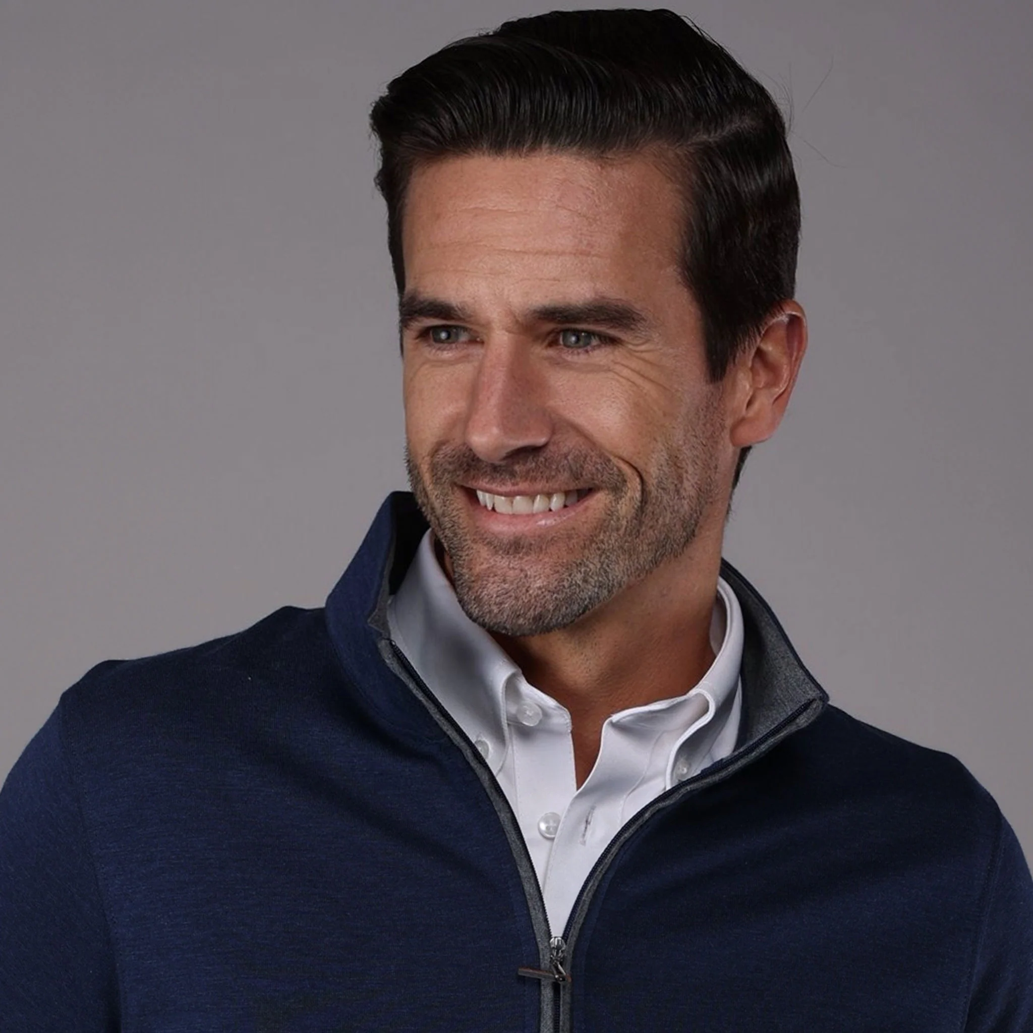 Heather Cloud Cotton Quarter Zip Navy with Grey Trim