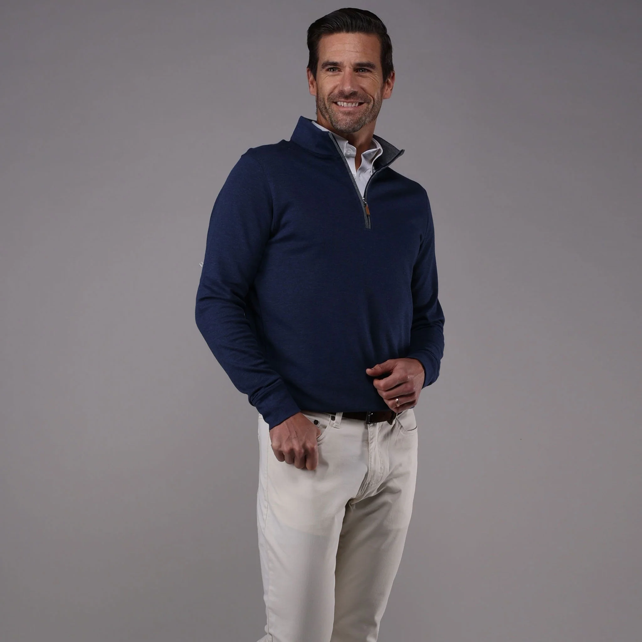Heather Cloud Cotton Quarter Zip Navy with Grey Trim