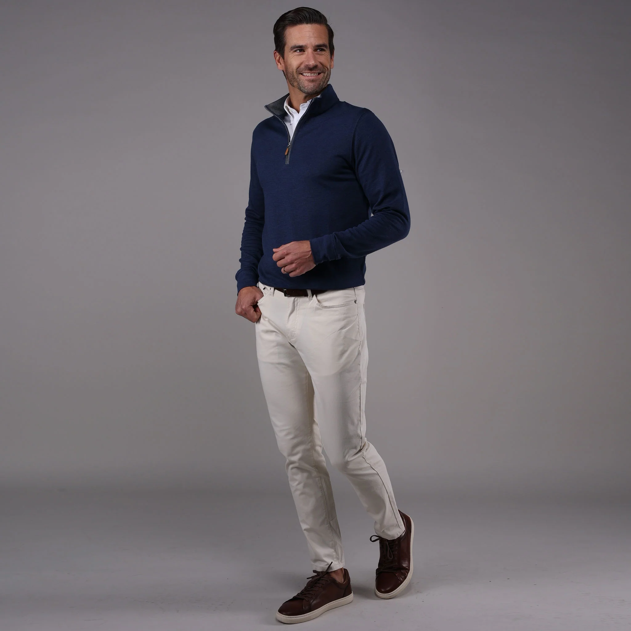 Heather Cloud Cotton Quarter Zip Navy with Grey Trim